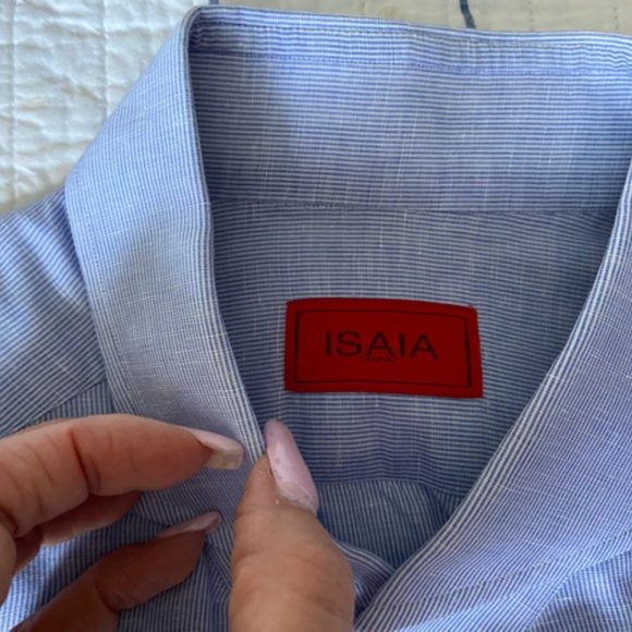Isaia Men's Blue Pinstripe Dress Shirt in Sz 17 EUC - Picture 5 of 15